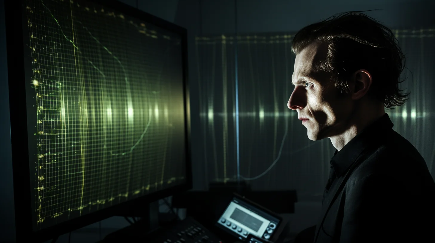 A man staring at a screen of frequencies