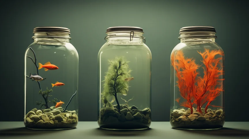 A photo of 3 large jar containing water with plants and fish